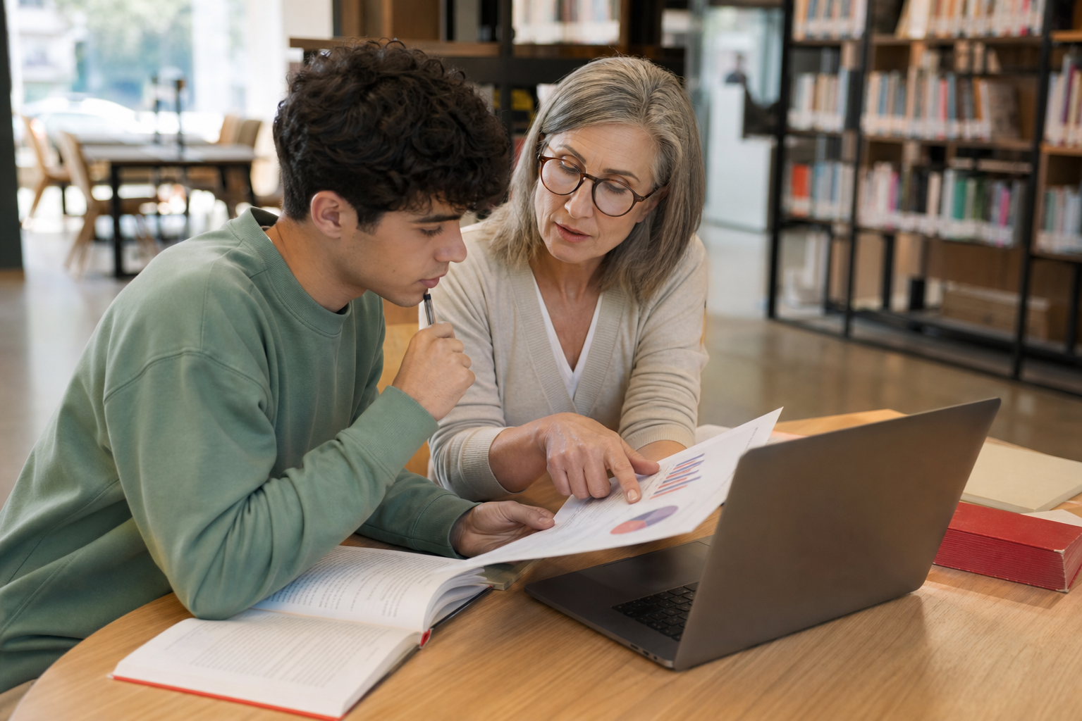 Een student en een oudere vrouw vergelijken een grafiek met informatie op een laptop