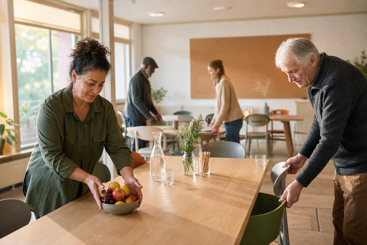 Buurtbewoners zetten samen stoelen en fruit klaar in een lichte ontmoetingsruimte