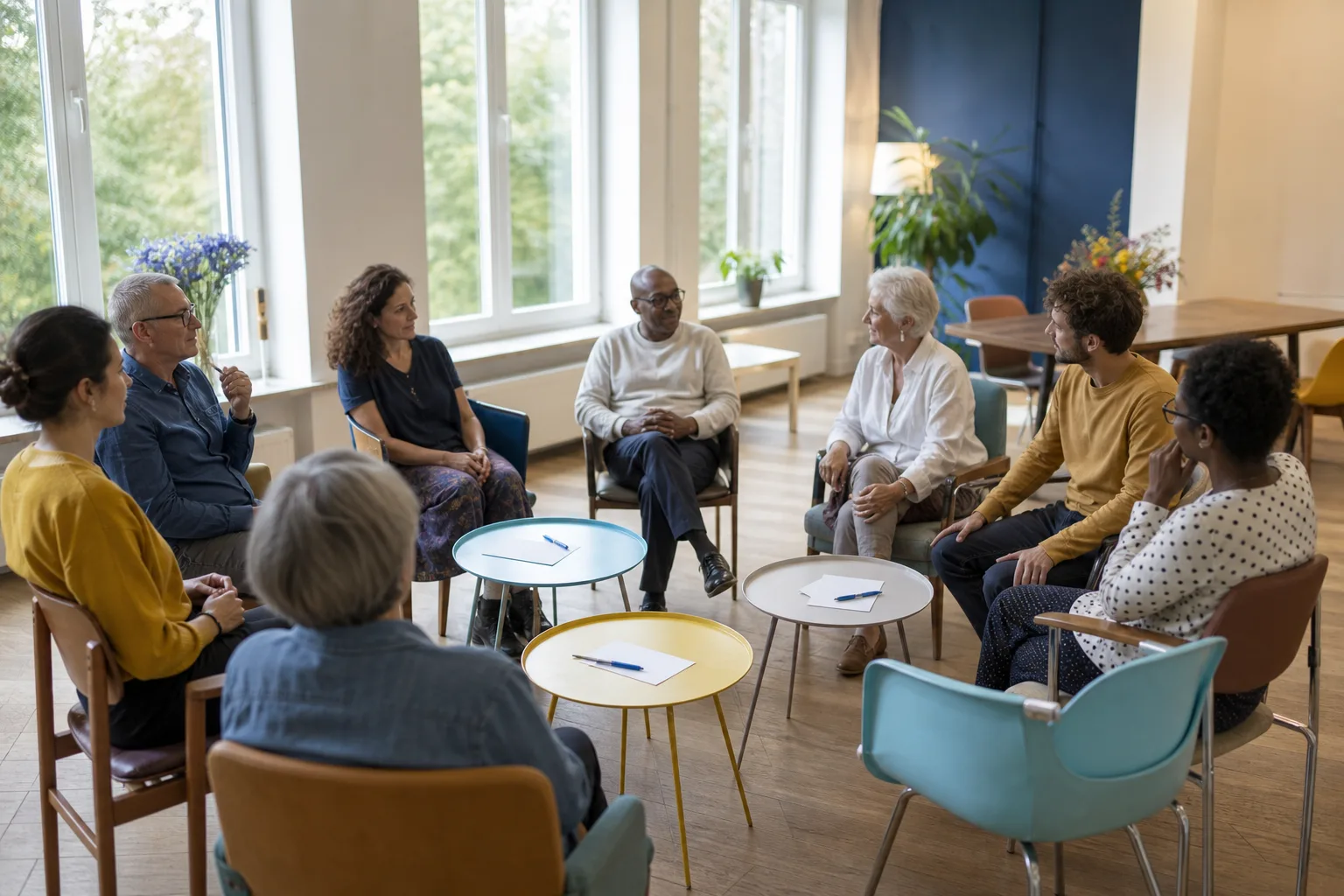 Diverse volwassenen zitten in een kring en bereiden een open gesprek voor